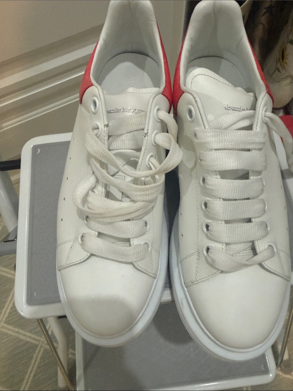 Alexander McQueen White Leather Sneakers with Red Heel Tab
